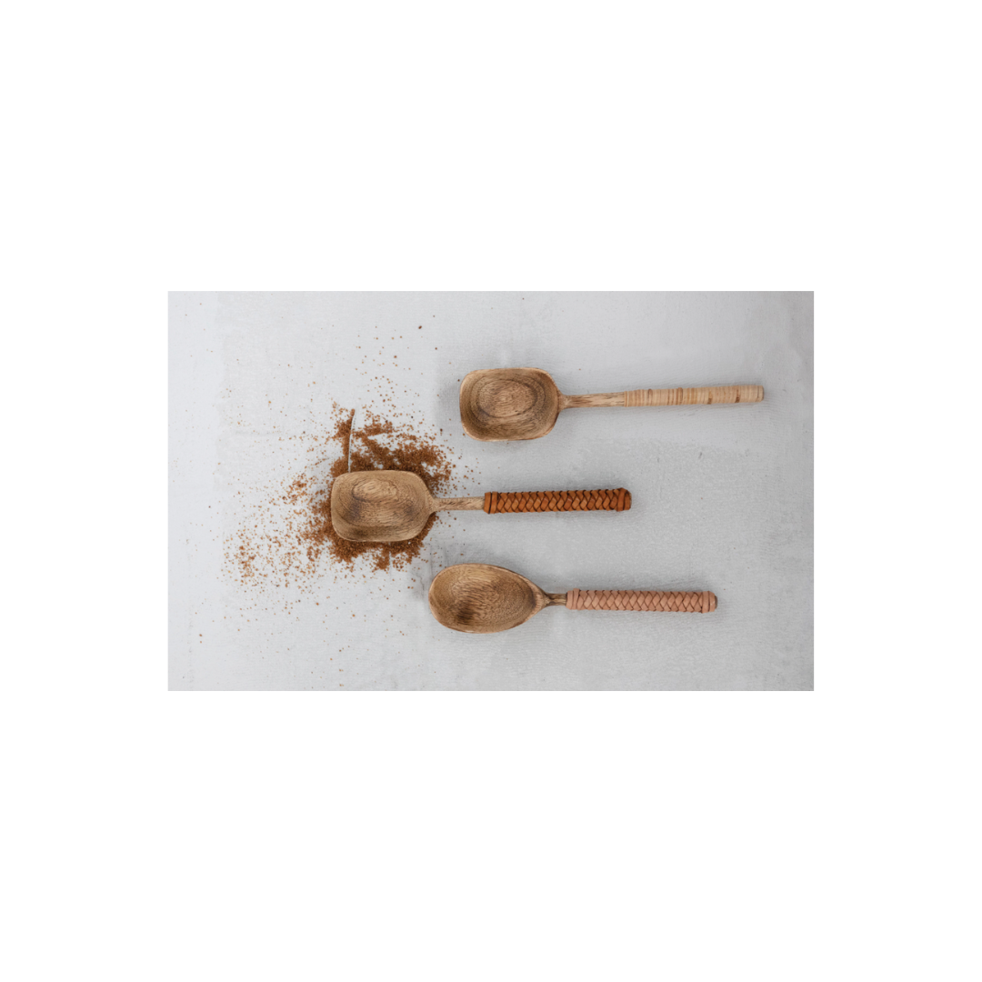 Mango Wood Spoons with Bamboo and Leather Wrapped Handles