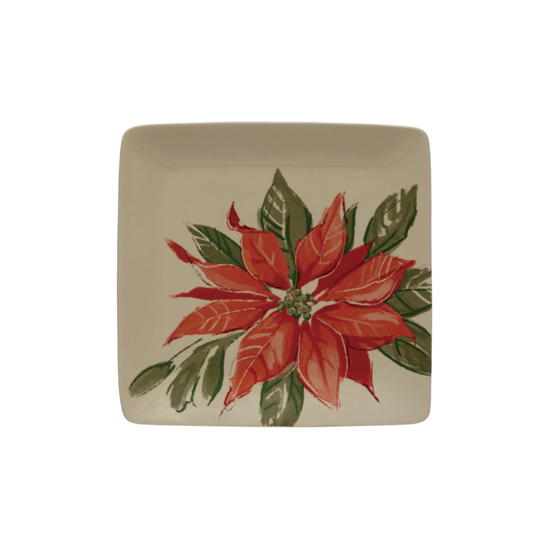 Square Stoneware Plate with Poinsettia