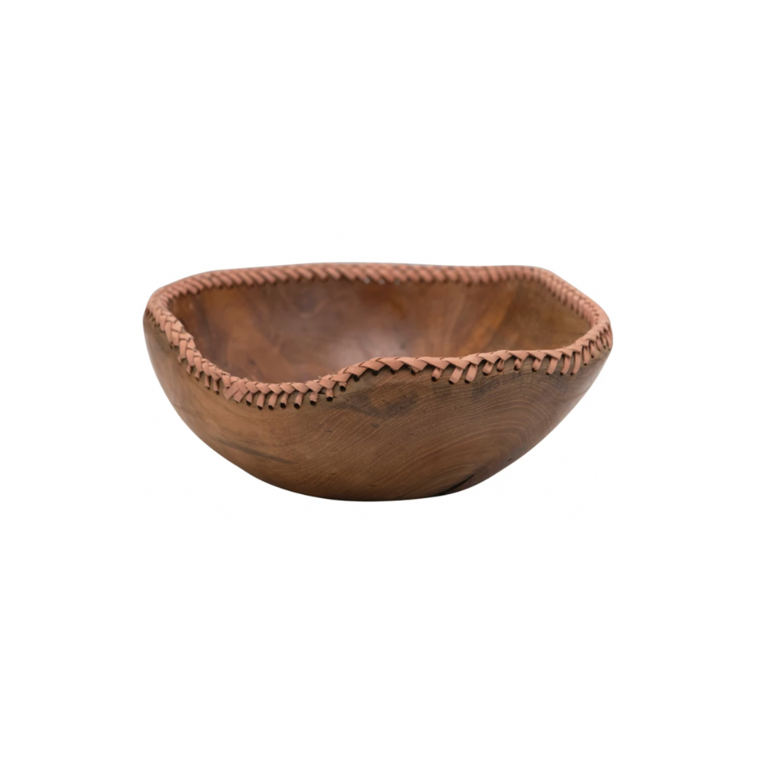 Decorative Teakwood Bowl with Leather Stitching
