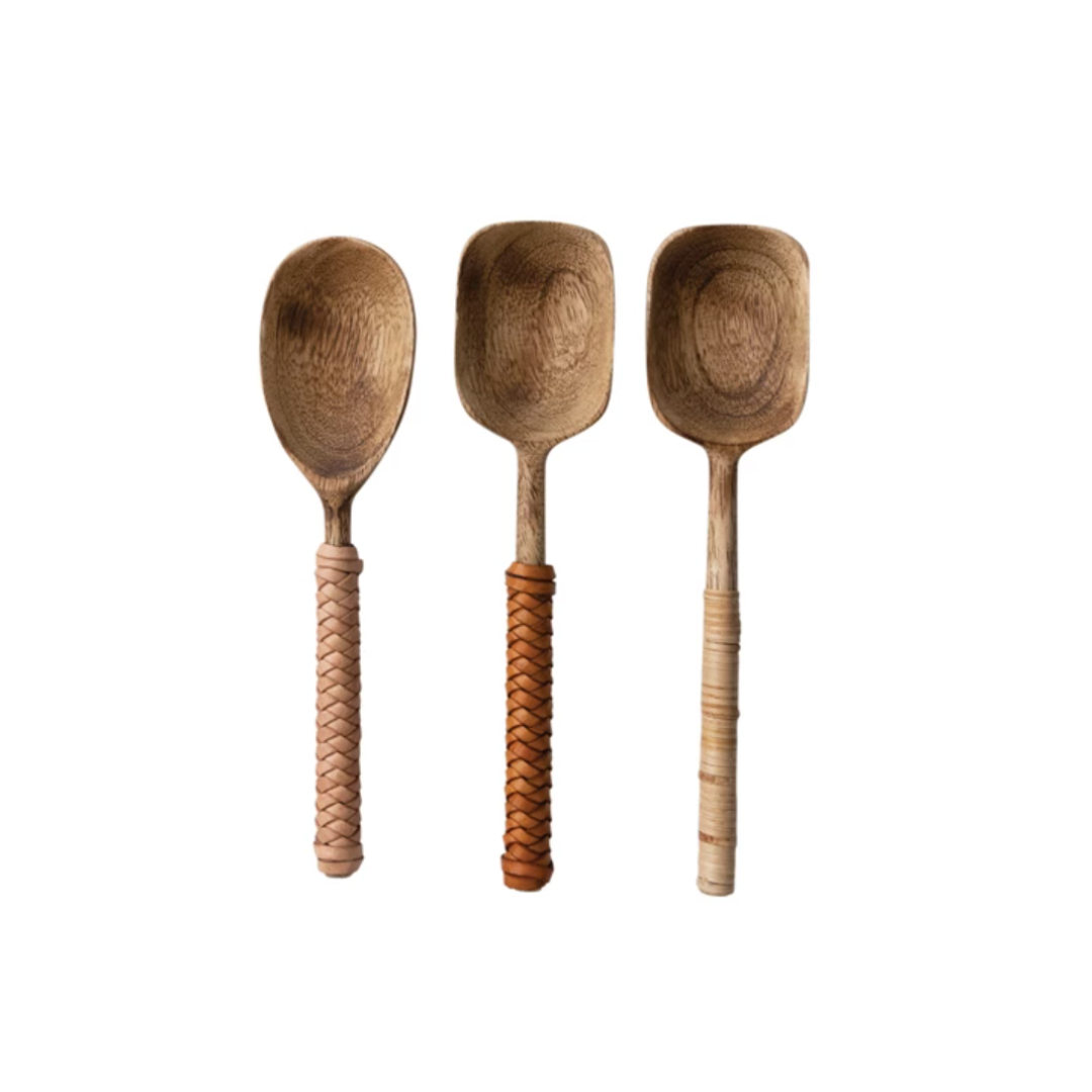 Mango Wood Spoons with Bamboo and Leather Wrapped Handles